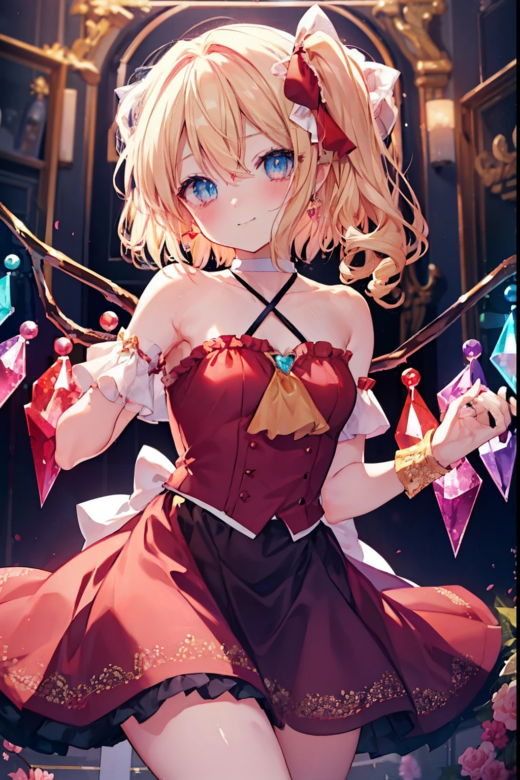 flandre_scarlet、blush,smile、Blonde、Half Bob Hair、Primary school students、The back is very small、****ta、Small breasts、Please show me your armpits、exterior: ************、Shoulder Bare、The clavicle is visible、Sexy thighs、Beautiful legs、Usual hairstyle、highest quality, High resolution, unity 8k wallpaper, (shape:0.8), (Beautiful and beautiful eyes:1.6), Highly detailed face, Perfect lighting, Highly detailed CG, (Perfect hands, Perfect Anatomy),