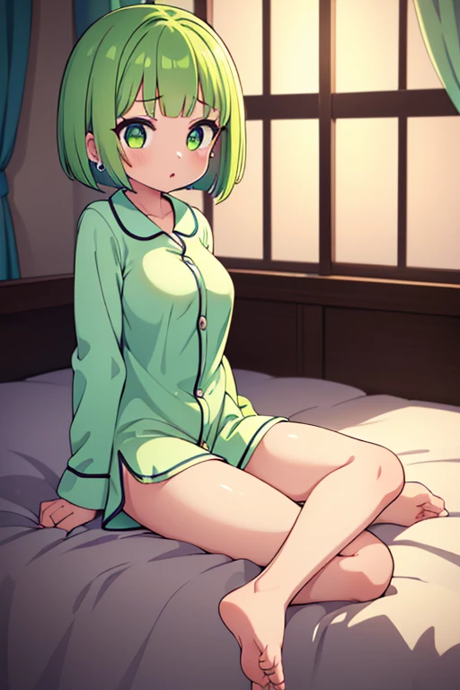 loli, Giant thighs, thighs, Green eyes, Big thighs, hair, short hair, cute eyes, cute, cold blouse, long blouse, bare legs, Whole body,