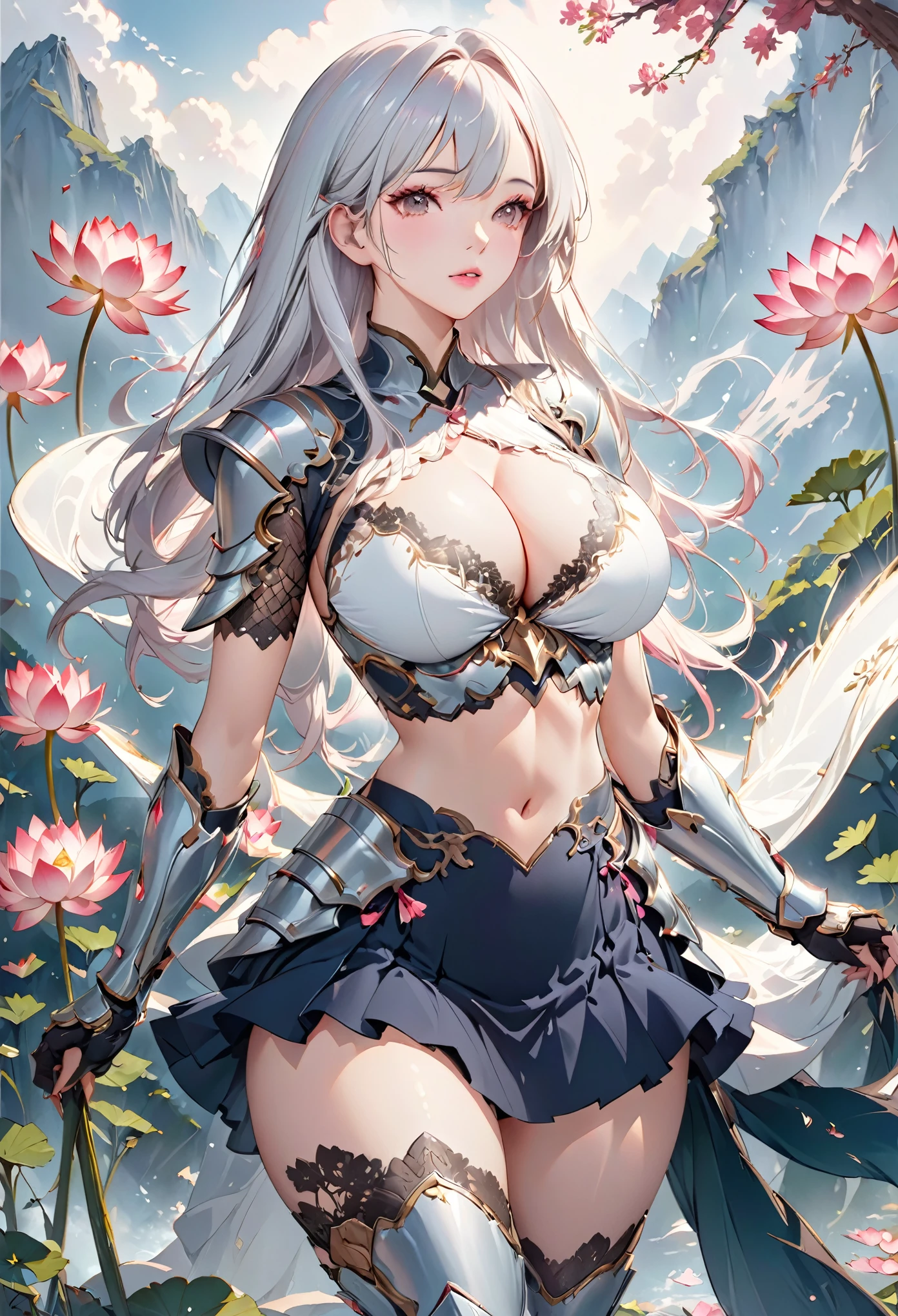 Sexy woman in white gold and pink lotus lace armor dress, chengwei pan on artstation, author:Yang Jie, Detailed fantasy art, Stunning character art, Best Art Sites for Fan Art, Epic and beautiful character art, Beautiful armor, Extremely detailed artger, Detailed digital animation art, artgerm on artstation pixiv, Armor Girl, cleavage big breasts:1.2, (mini skirt:1,5)