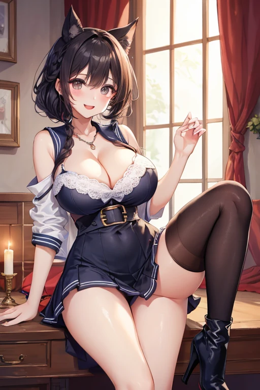 (best quality、high resolution、Detailed background、8K)、Beautiful and thick face、beautiful smooth skin、Texture、Professional lighting、Beautiful girl in her 20s、Two Women、brown hair、Braided hairstyle、(Huge breasts:1.3)((((Large Breasts、Low-cut,Cleavage, Wide hips,)))(Long legs) (Wide hips))、Practical、Perfect body lines、
(Enjoy a romantic candlelight dinner)、Calm atmosphere、
自信やcharmな雰囲気、Express yourself confidently、charm、
(Try a sailor-style top,Create a sexy look.)、
Choose a top that flatters your body shape.、
Perfect fit around the chest and waist, emphasizing on feminine curves.、
Adding details like lace or ribbons around the chest and shoulders can create a sexy look..、
Generally speaking, White or navy blue as base color,配以红色或black细节的传统水手风格上衣很受欢迎, But you can also choose tops in other bright colors or patterns.、
Choose a mini skirt that flatters your body shape.、
- Secure fit from waist to hip, Make your legs look beautiful.、
The tight silhouette of the skirt highlights your sexiness.、
We recommend choosing designs that flatter your hips and thighs.、
black、Dark colors such as navy blue can highlight your sexiness.、
Skirts made of leather or shiny fabrics also give a sexy impression.、
By adding feminine accessories such as ribbons and necklaces, you can create a Lovely and sexy look at the same time.、With high heels,Make your legs look more beautiful.、
High-heeled boots emphasize sexiness、
Look at me with a happy expression、lol、微lol、Sexual expression、Lovely