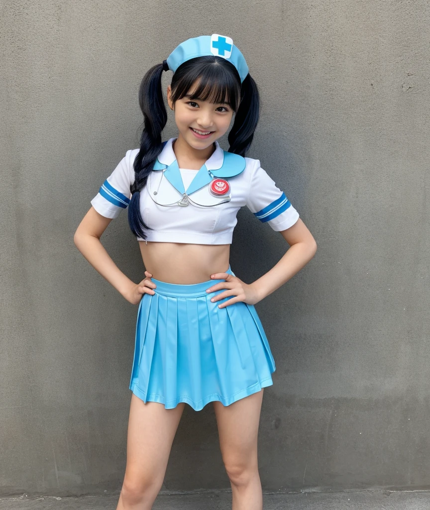 {{{high quality}}}, {{{super realistic}}},{{{best quality}}}, ((beautiful face)),((1 girl)),((solo)),((10 years old)),(((loli))),((short girl)),((small breasts)),((latex,blue nurse costume)),(blue latex skirt,mini skirt),(blue over-kneehighs),(black hair, twintails),(ultra-detailed),((full body)),((smile,pretty smile)),((pretty pose))