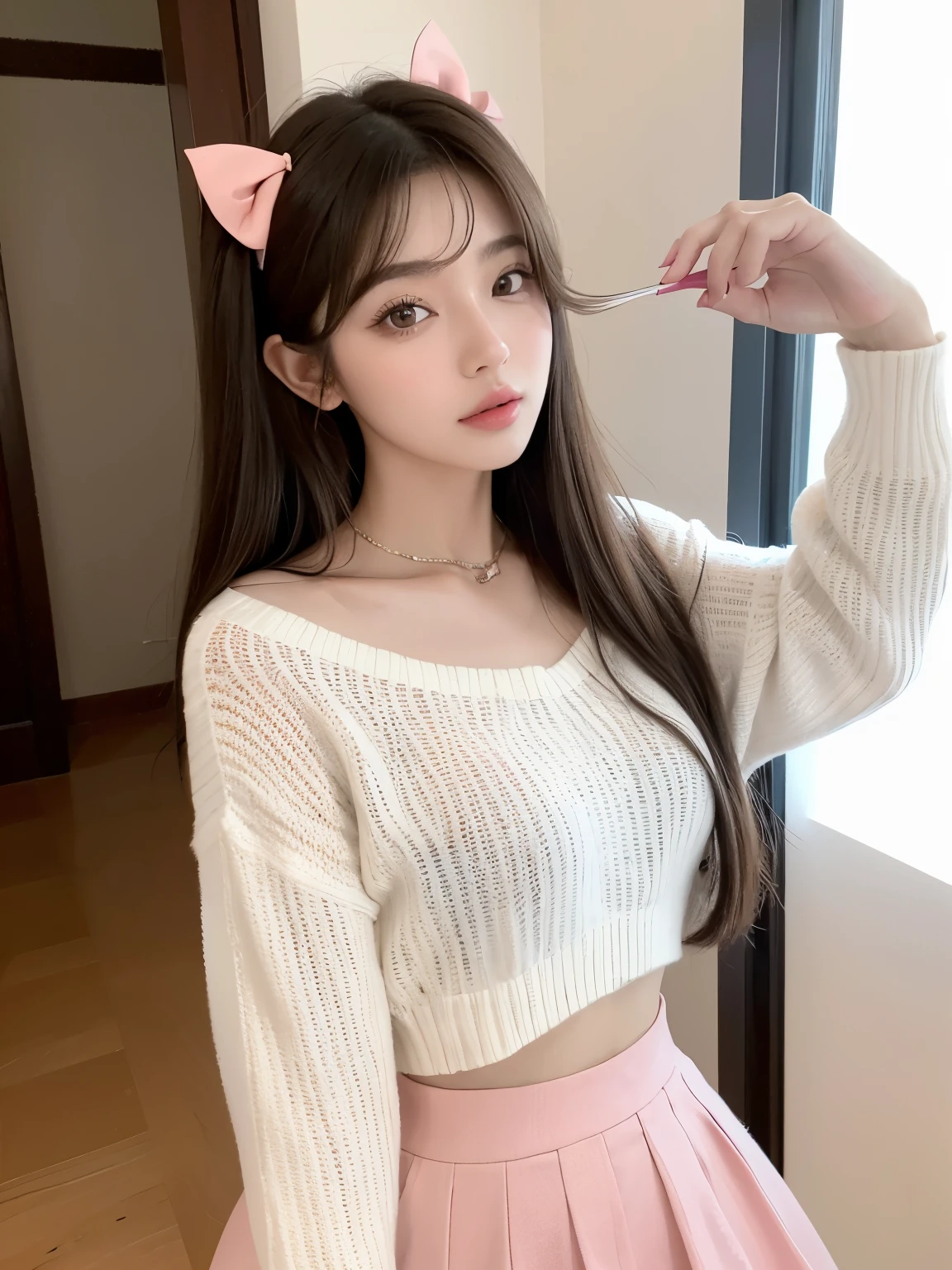 Kim Jennie with white brown hair, con rulos en las puntas, with two bows on each side of the hair, all her hair white brown, with a star clip in her white brown hair, ojos de color claro, ojos bonitos, ojos llorosos, nariz bonita y respingada, nariz lloroso, labios bonitos, labios rosas, heart and cupid shaped lip, piel bonita, pale, piel blanca, con lunares y pecas en todo el rostro, rubor rosa suave en las mejilla, rubor rosa natural, maquillaje suave y rosa, jennie, cuello bonito, cuello marcado, frown, mirada tierna, con un collar de beso, un collar bonito de beso, parecido a Yumeko Jabami, mientras lleva puesto un Crochet YK2, de lana, with a YK2 style brown mini skirt, mientras lleva una casaca con estampados de ositos, mientras tiene el abdomen desnudo, delgado, marcado y bonito, (pechos grandes, pechos suaves, pechos bonitos), mientras esta haciendo cospaly del personaje Yumeko Jabami, del anime Kakegurui, mirando a la camara, autofoto, selfie bonita