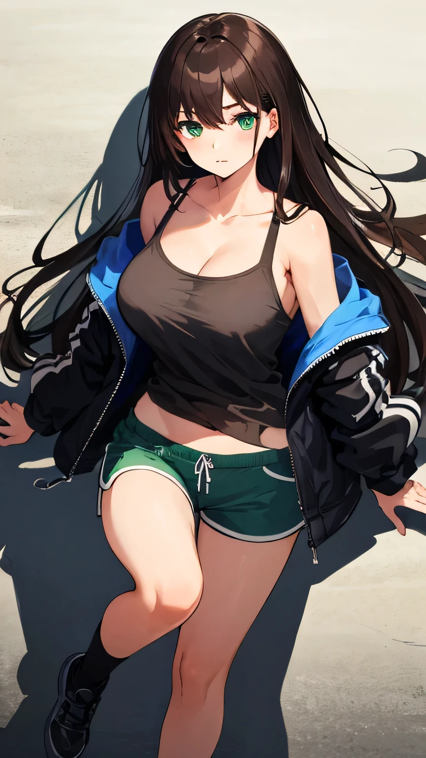 (masterpiece, highest quality, Very detailed, Best Shadow), (Beautifully detailed face), High Contrast,One girl,only,Dark brown hair,Straight Long Hair,Side Tail,green, Clear Eyes,Upper Eye,Shorts, Off the shoulder, Expose your shoulders, Open jacket,She has big breasts,whole body,20generation