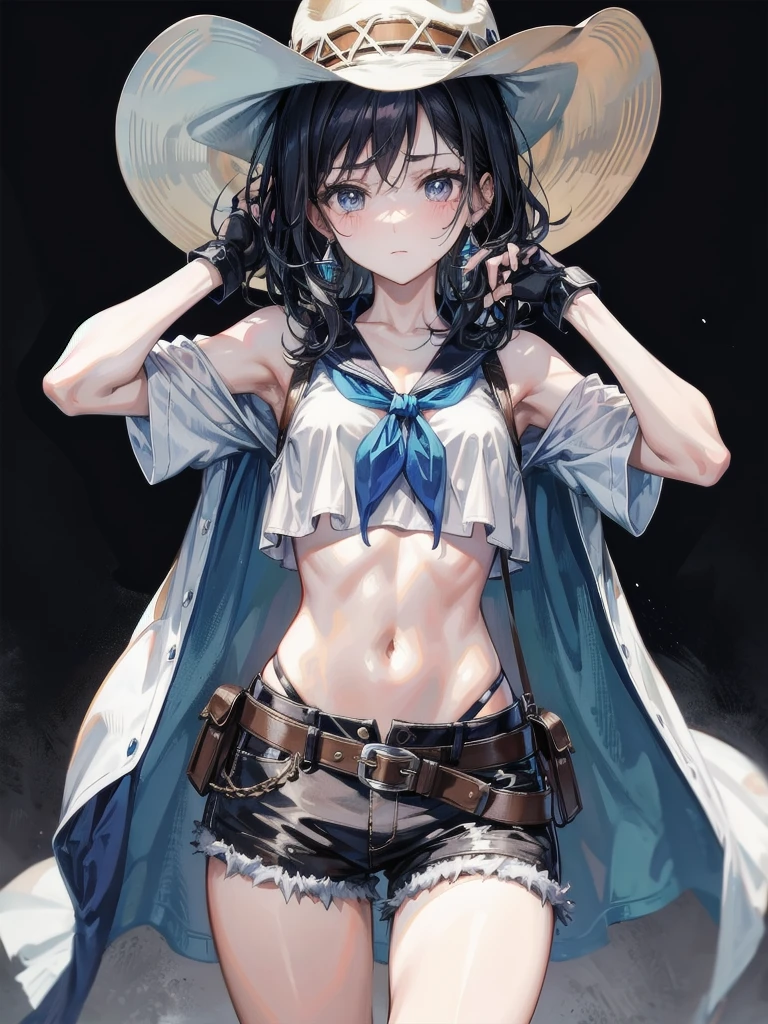 cowgirl costume, vest, cowboy hat, fingerless gloves, midriff, neckerchief, shorts, holster, absurdres, RAW photo, extremely delicate and beautiful, masterpiece, Best Quality, ultra high resolution, 32k, hyperrealistic, ultra-detailed, detailed description, pale skin, 20 years old, tearful mole, earring, short medium hair, wavy hair, whole body shot,