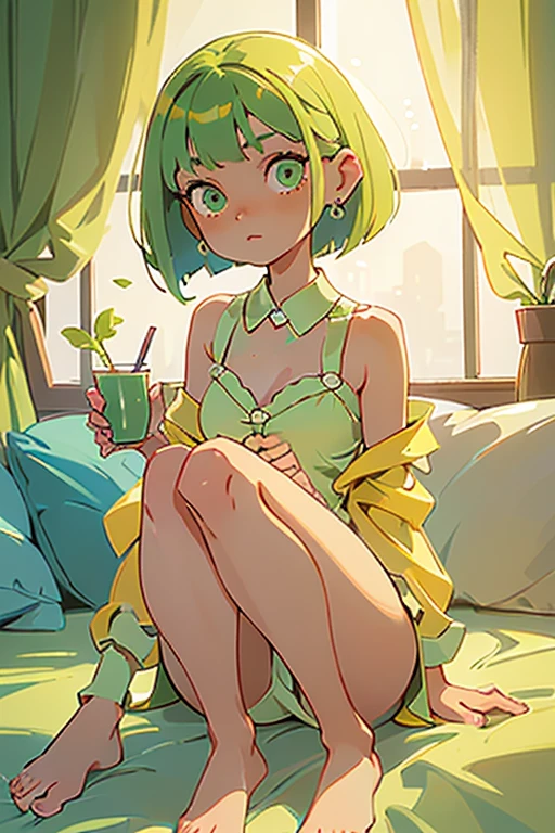 (((1girl))), (petite:1.3), solo, hard features, (more_details:1.5), barefoot, perfect fingers, extremely detailed finger, green hair, bob cut, braided bangs, one side up, earrings, Beautiful detailed rubin eyes, (slim body), ((large_cup d_breasts)), ((petite)), (luminous), (pajamas), ultra-detailed, (background: room, yellow)