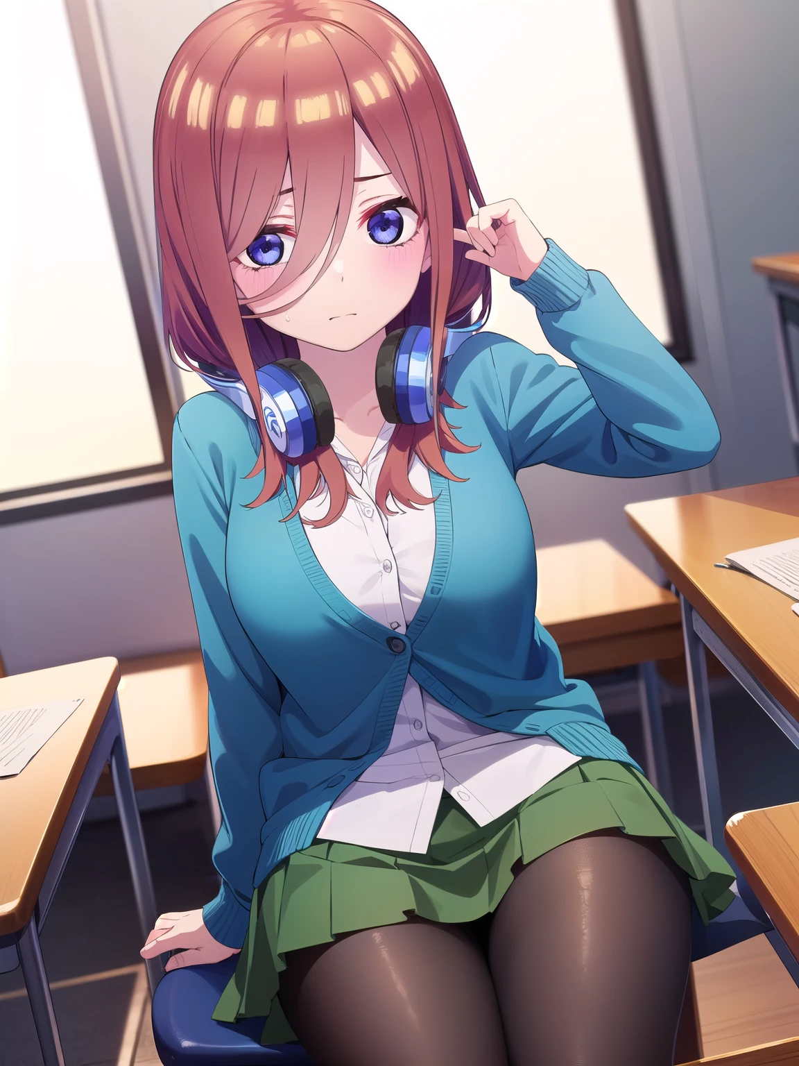 Mikunakano, Miku Nakano, 、Long Hair, bangs, blue eyes, Brown Hair, shirt, Hair between the eyes, Headphones, cardigan, Headphones around neck, break skirt, shirt, Long sleeve, white shirt, pantyhose, Pleated skirt, black pantyhose, cardigan, Green Skirt, blue cardigan, break indoors, classroom, break looking at viewer, break (masterpiece:1.2), highest quality, High resolution, unity 8k wallpaper, (figure:0.8), (Beautiful fine details:1.6), Highly detailed face, Perfect lighting, Highly detailed CG, (Perfect hands, Perfect Anatomy),sexyポーズ、blush、View your viewers、cute、Her chest is E cup、sexy、Erotic、sexy、sex appeal、Eroticチック、Thighs、Big Tits、Oily skin、Sitting in a chair、I have a pen、studyしている、study