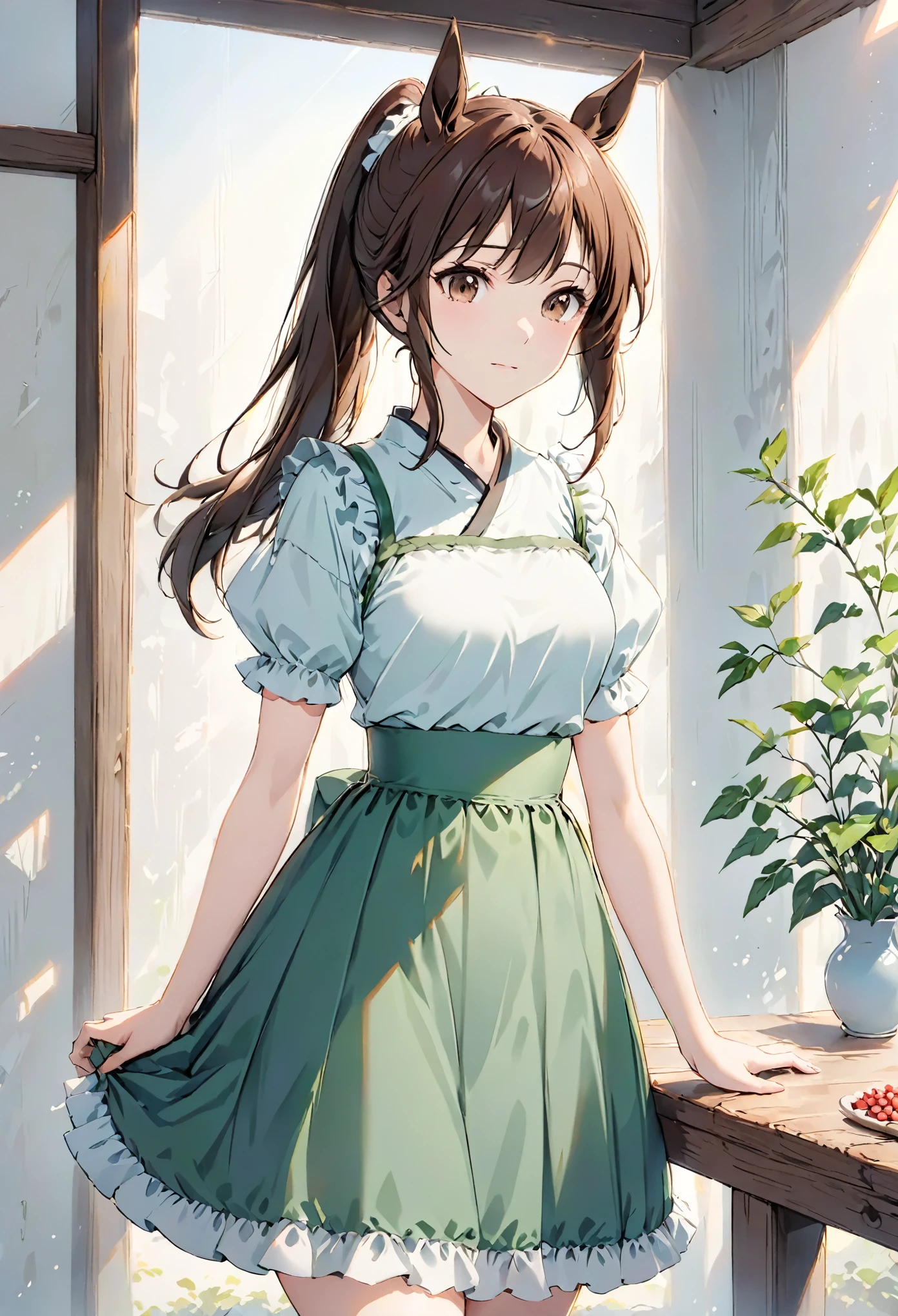 1 Girl, Solitary, Fresh beans, Horse girl, Horse Ears, Ponytail, Brown eyes, brown hair, long hair, A faint smile, Ear arch, Ruffle skirt, Green skirt, High waist skirt, puffy short sleeves, Thin, slim, (Japanese:0.8)