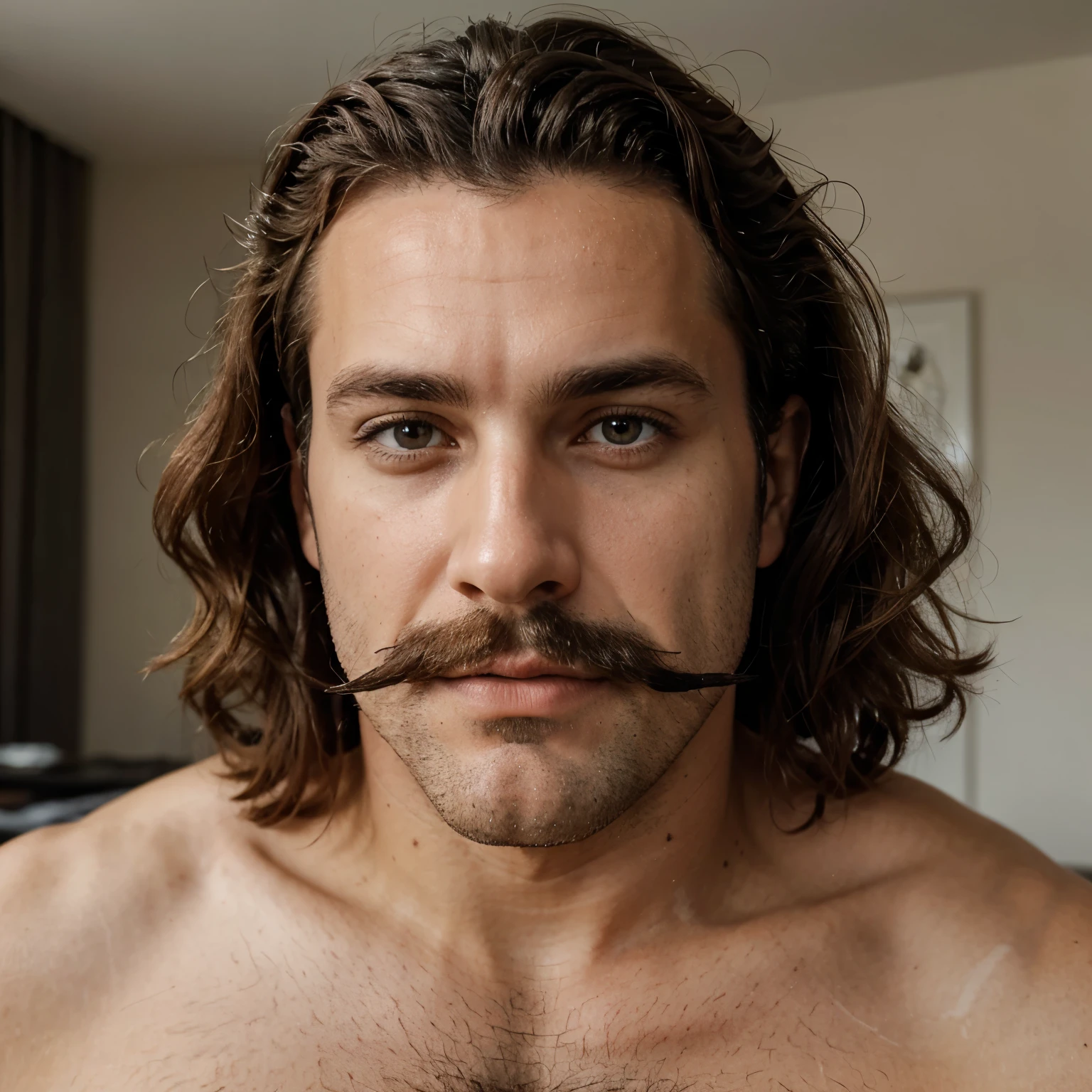 Un homme blanc, yeux marrons, cheveux noirs, curly hair, 170 centimeters, hair only on the chin, moustache, grain de beauté, cheveux court, slightly humped nose.