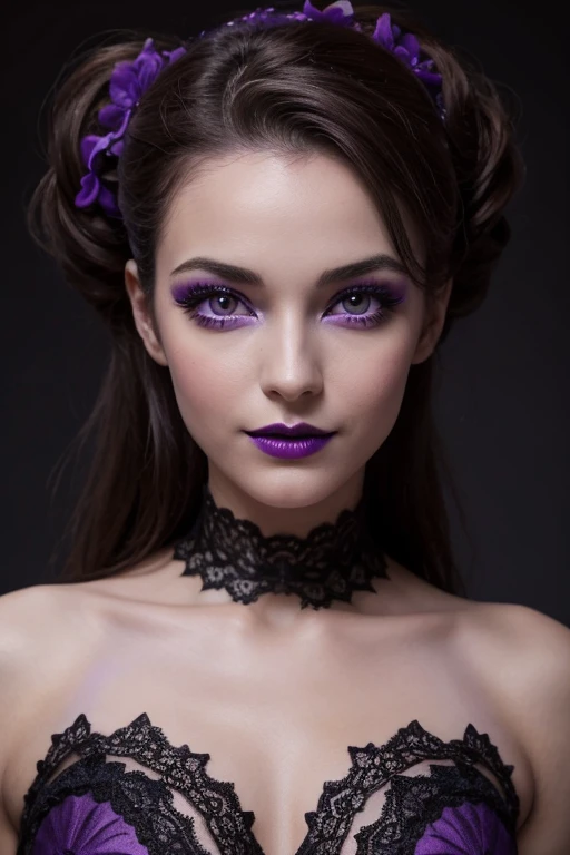 Jeune femme de 25 ans, visage fin, cheveux long, yeux marrons, HD, 8K, masterpiece, sourire romantique, sexy, mascara ????, maquillage ????, black lips, tenue gothique, vêtements noirs et violets, toile d'araignée en dentelle, cheveux noirs et violets, bodypainting, purple paint, dracula, nude, full purple and black bodypainting