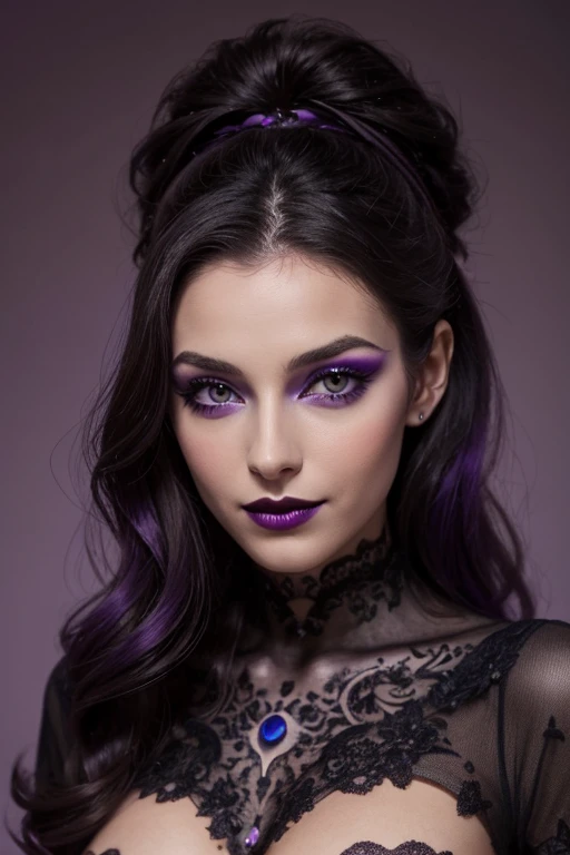 Jeune femme de 25 ans, visage fin, cheveux long, yeux marrons, HD, 8K, masterpiece, sourire romantique, sexy, mascara noir, maquillage noir, black lips, tenue gothique, vêtements noirs et violets, toile d'araignée en dentelle, cheveux noirs et violets, bodypainting, purple paint, dracula, nude, full purple and black bodypainting