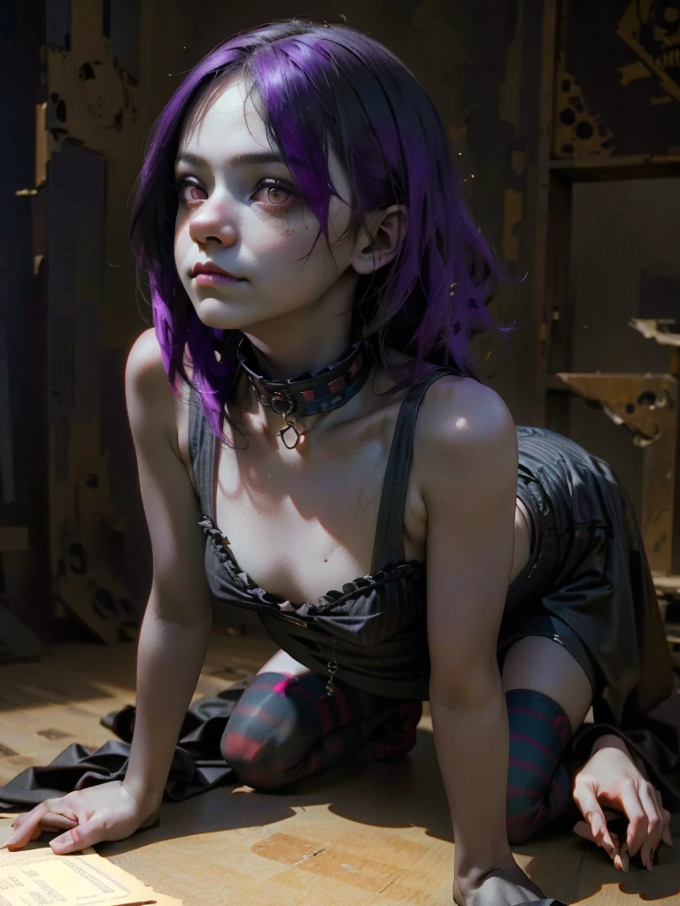 a gothic creepy horror clown girl, detailed face, porcelain skin, dark makeup, purple hair, black and white striped stockings, ruffle collar, grungy dark circus atmosphere, (best quality,4k,8k,highres,masterpiece:1.2),ultra-detailed,(realistic,photorealistic,photo-realistic:1.37),chiaroscuro lighting,moody colors,surreal,dark fantasy,cinematic,fullbody