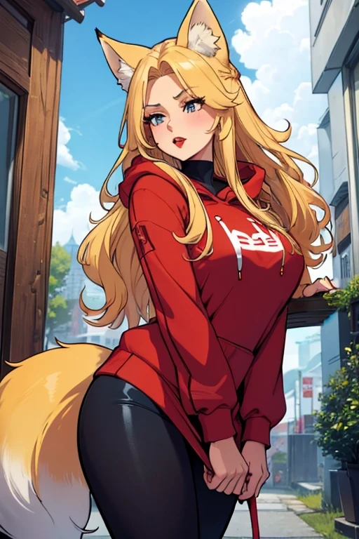 Girl with long blonde hair, hair down, red lips, blonde fox ears and tail, big breasts, wearing a blue and white hoodie, white and red mini skirt, black leggings