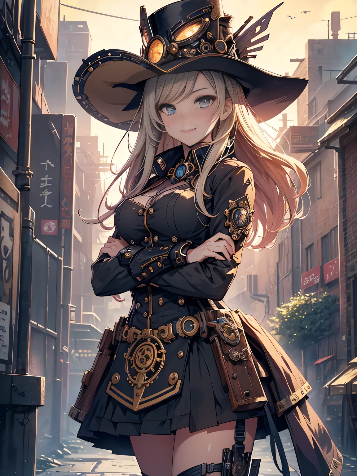 (Line art_anime),(Cowboy Shot,Low Angle, highest quality, ),(Laura Budd Photos:1.2),(Laura Add details:1.0),8k, Flat Color:0.8,1 girl,smile,(Highly decorative and complex mechanical steampunk fashion, Lace flare dolphin hat、goggleachinery background、Gear background、An elaborately mechanized steampunk cityscape 1.5),Cute pose,