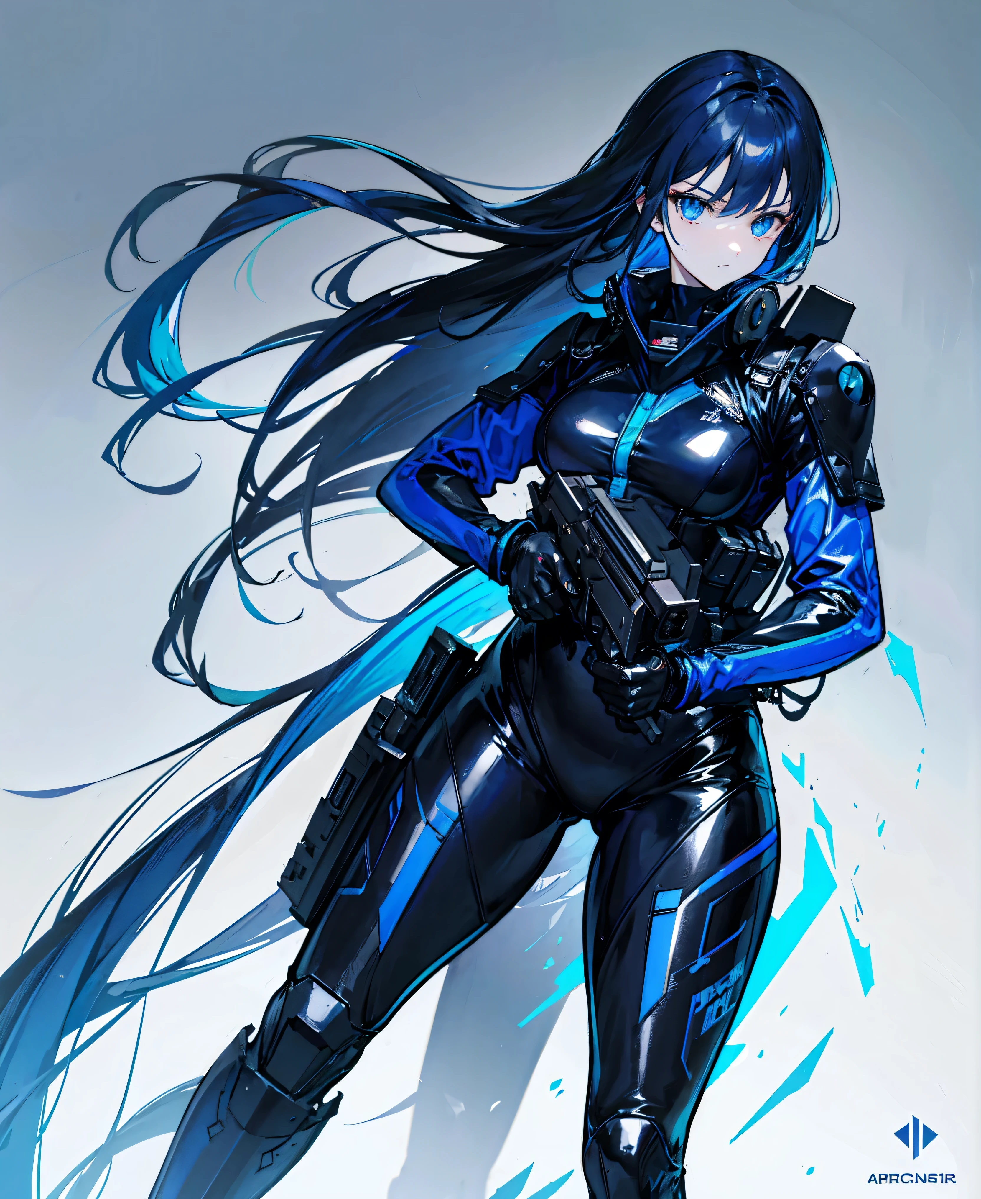 There is no background,girl,Carry a firearm,Patent leather tight suit,Use of firearms,Navy blue long hair,attention arousal,Blue colored eyes,No gradients