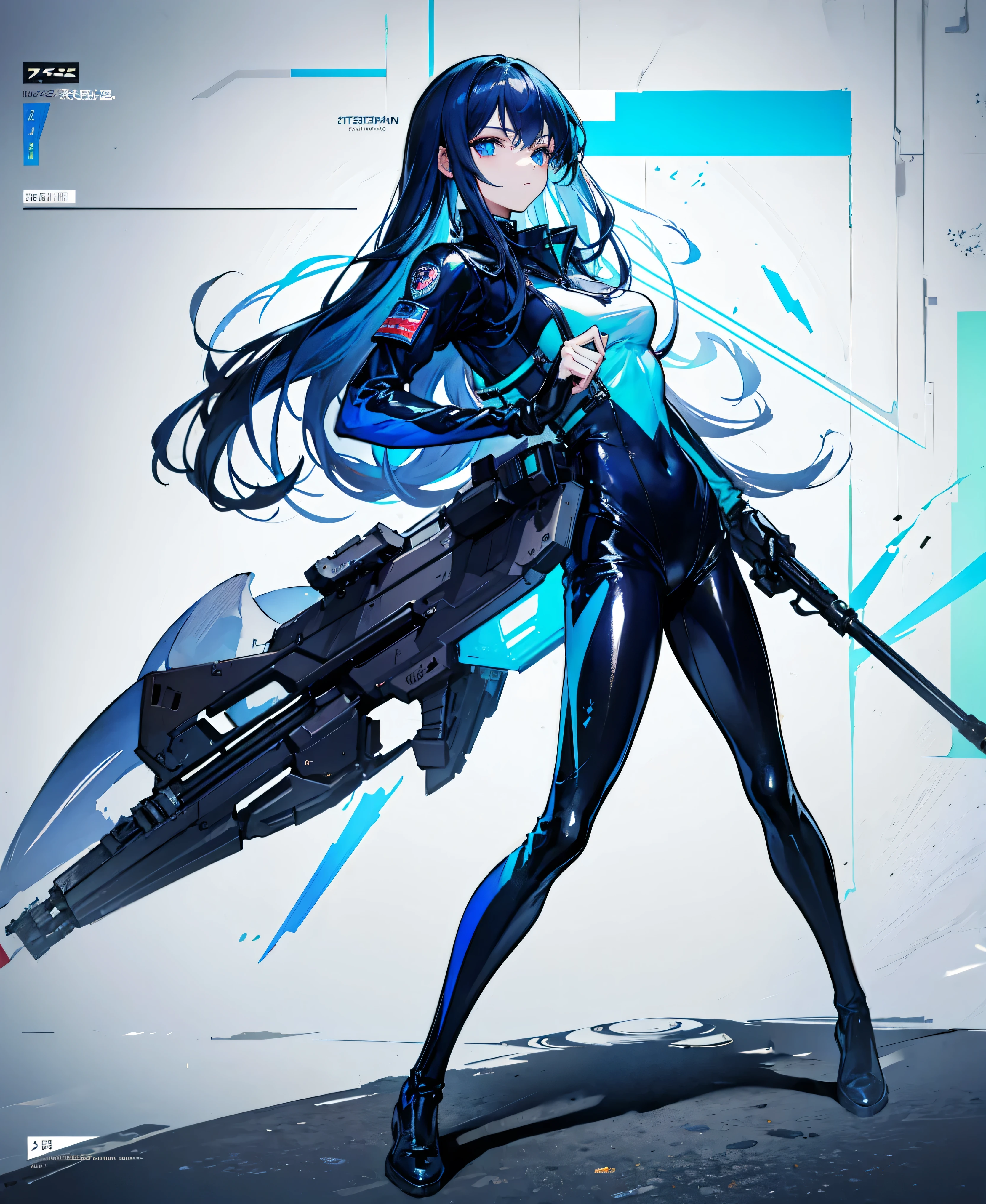 There is no background,girl,Carry a firearm,Patent leather tight suit,Use of firearms,Navy blue long hair,attention arousal,Blue colored eyes,No gradients
