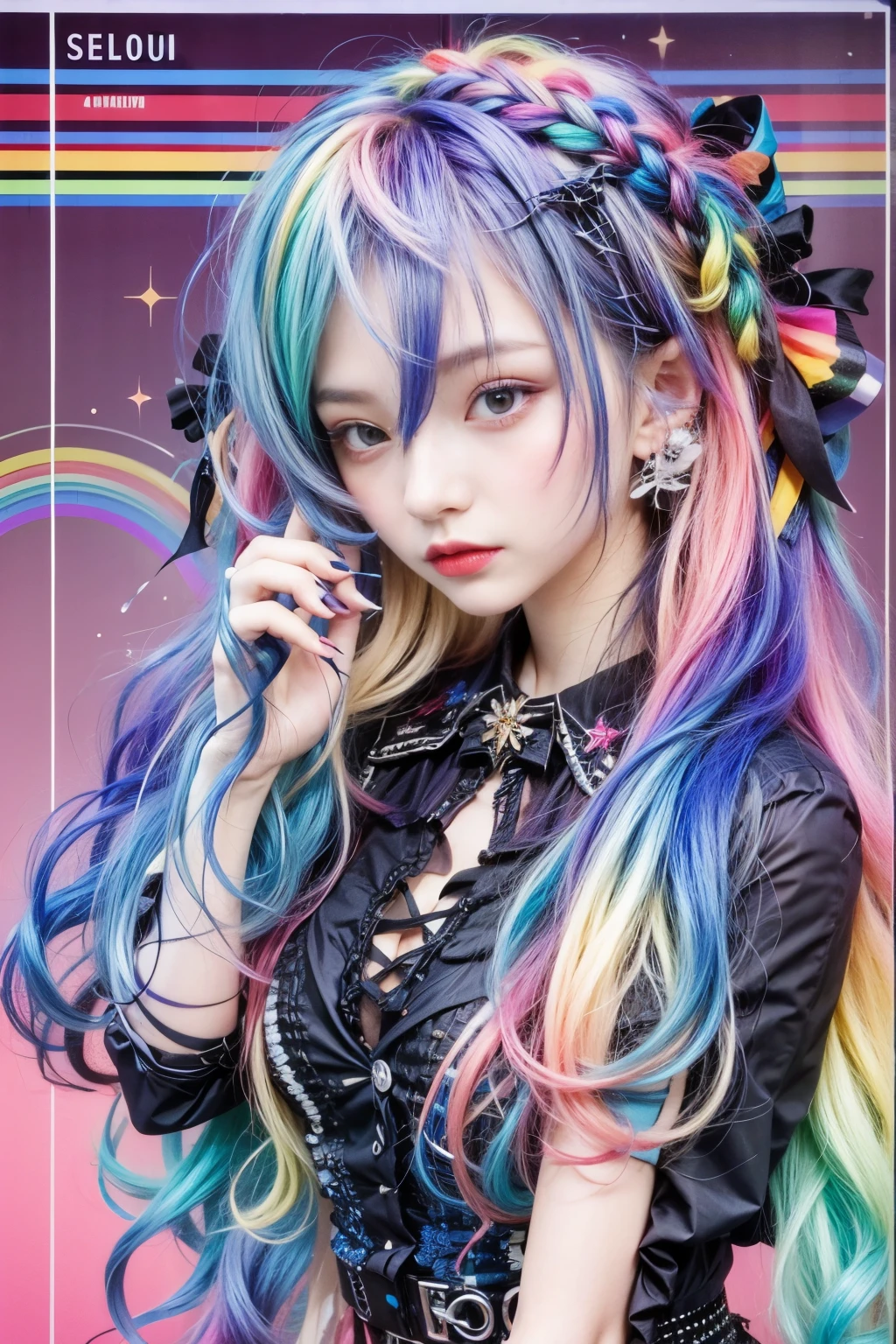 1girl, solo, goth , color: spectrum, vivid colors, rainbow hair , bright rainbow hair,