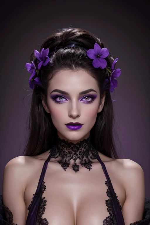 Jeune femme de 25 ans, visage fin, cheveux long, yeux marrons, HD, 8K, masterpiece, sourire romantique, sexy, mascara noir, maquillage noir, black lips, tenue gothique, vêtements noirs et violets, toile d'araignée en dentelle, cheveux noirs et violets, bodypainting, purple paint, dracula, nude, full purple and black bodypainting