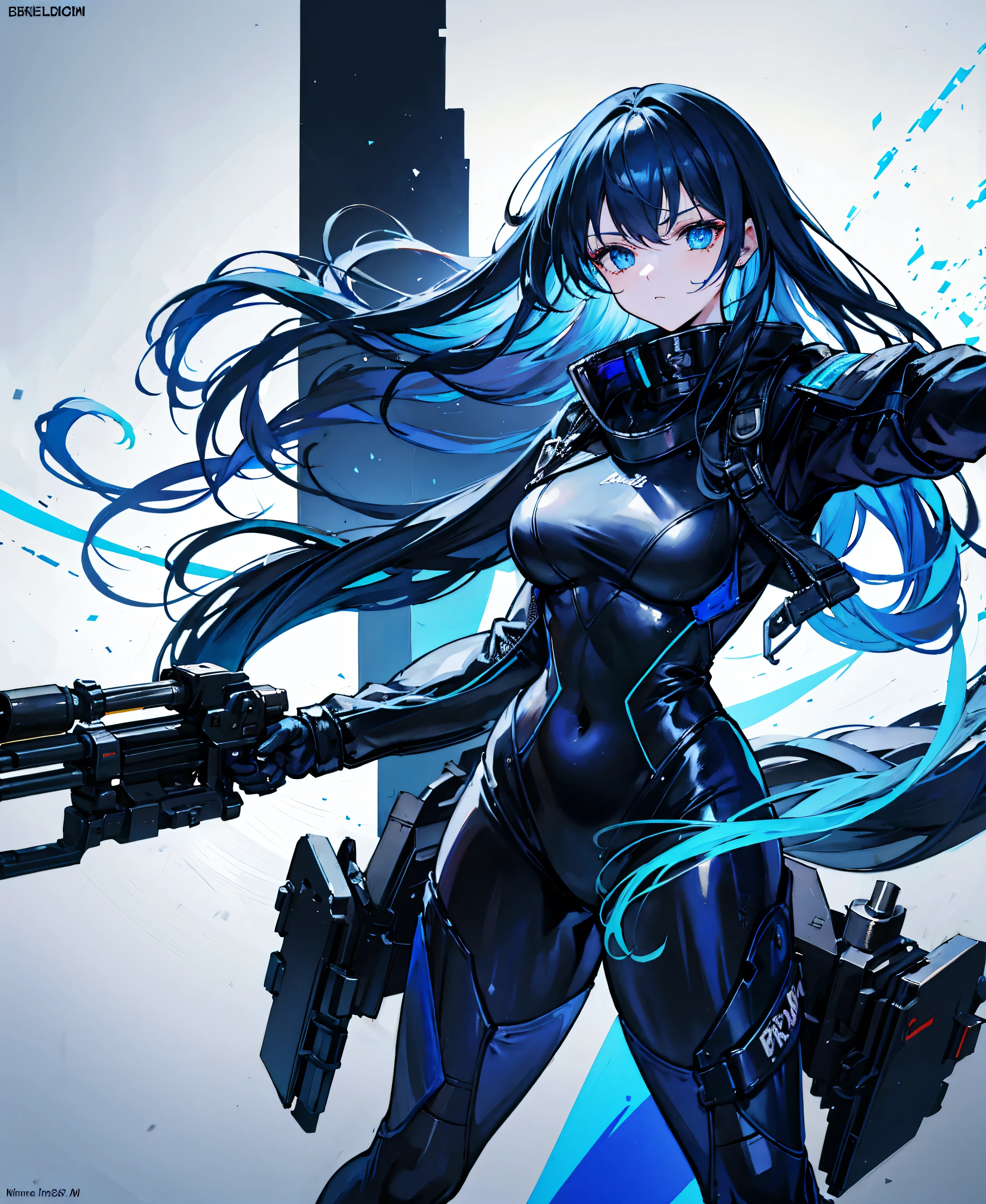 There is no background，girl，Carry a firearm，Patent leather tight suit，Use of firearms，Navy blue long hair，attention arousal，Blue colored eyes,No gradients