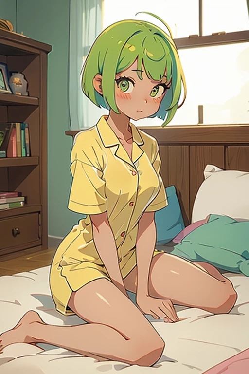 (((1girl))), (petite:1.3), solo, hard features, (more_details:1.5), barefoot, perfect fingers, extremely detailed finger, green hair, bob cut, braided bangs, one side up, earrings, Beautiful detailed rubin eyes, (slim body), ((large_cup d_breasts)), ((petite)), (luminous), (pajamas), ultra-detailed, (background: room, yellow)