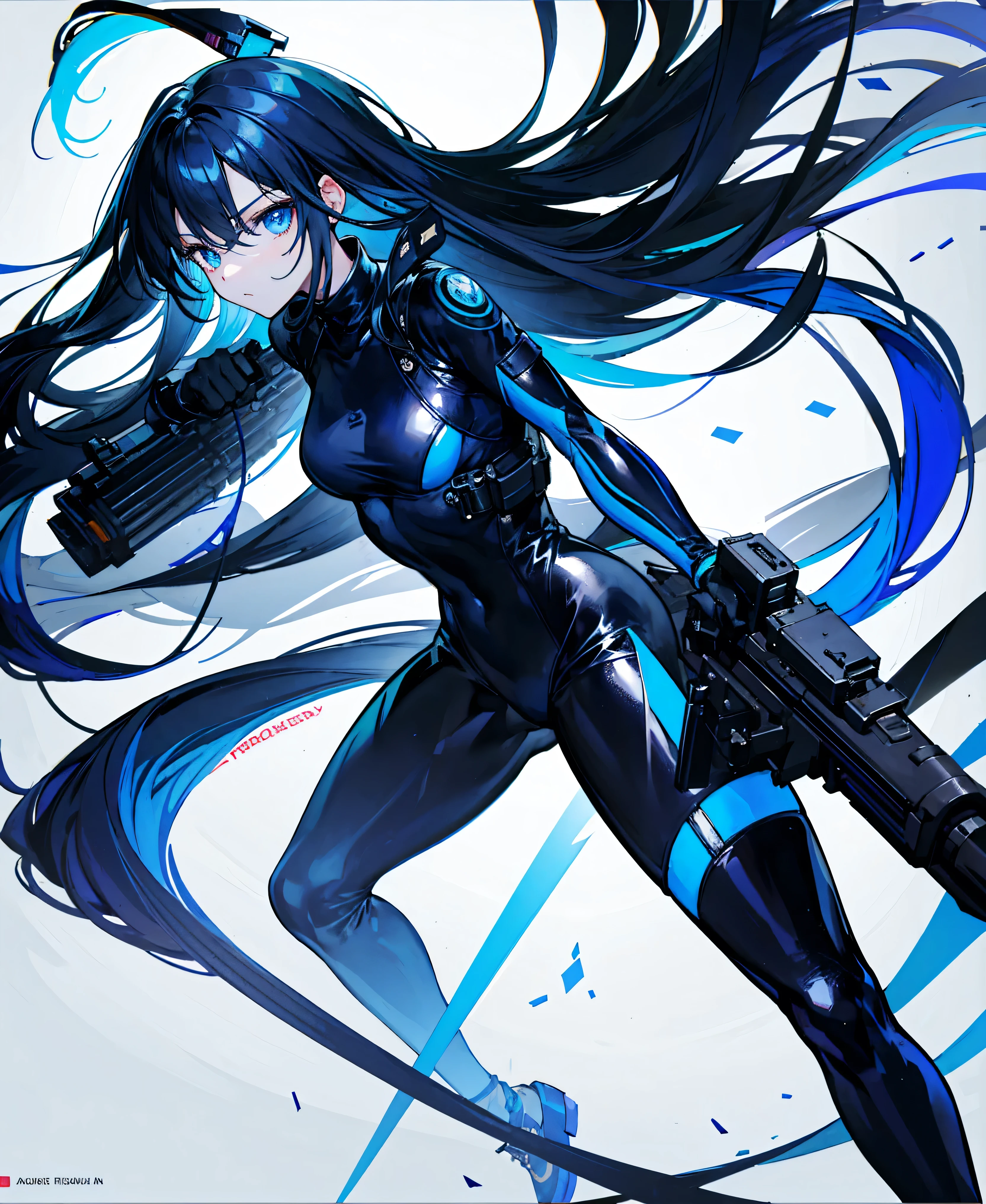 There is no background，girl，Carry a firearm，Patent leather tight suit，Use of firearms，Navy blue long hair，attention arousal，Blue colored eyes,No gradients