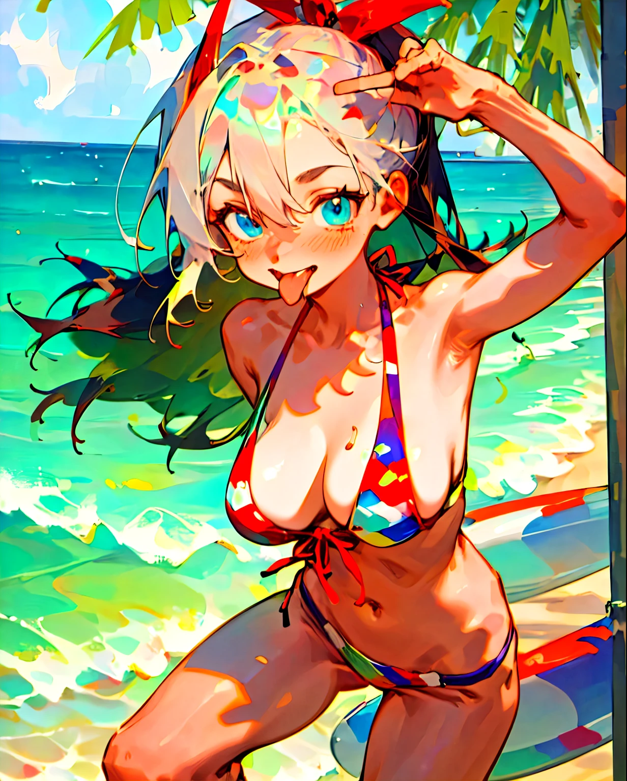 anime girl, best quality, super HD, bikini, on beach, tongue out