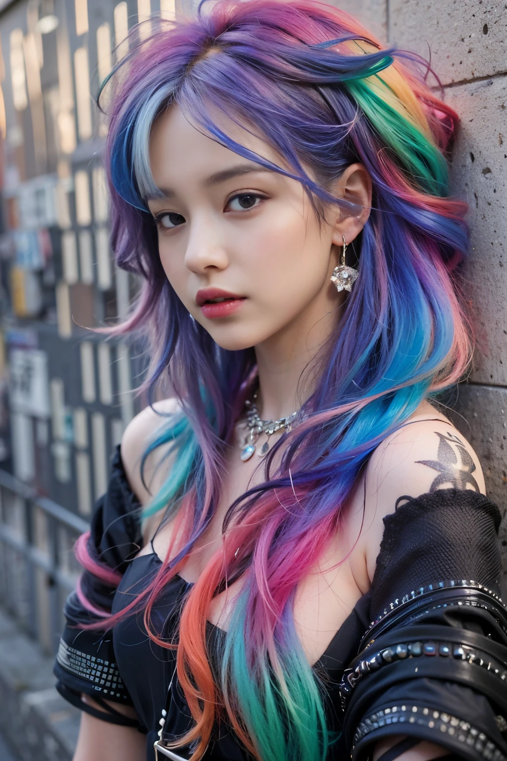 (masterpiece, best quality:1.2), (8k uhd, 16k, 32k, ultra high res), (photorealistic:1.37), ultimately realistic textures, 1girl, solo, goth , color: spectrum, vivid colors, rainbow hair , bright rainbow hair,