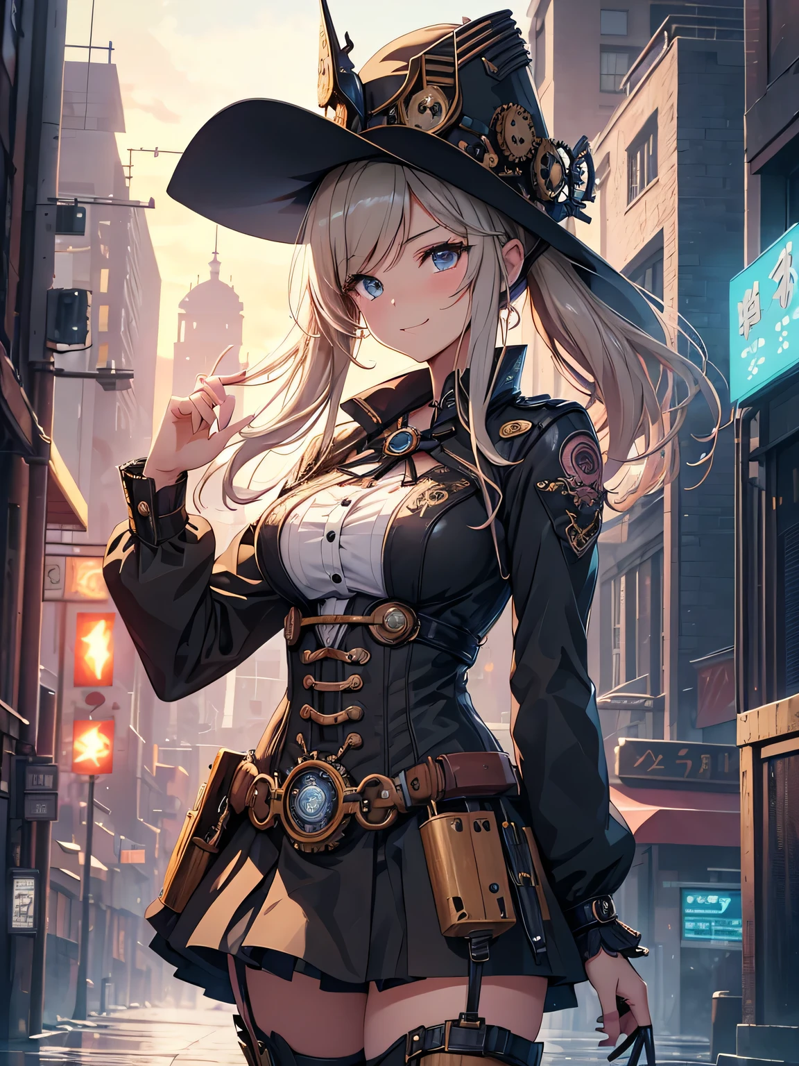(Line art_anime),(Cowboy Shot,Low Angle, highest quality, ),(Laura Budd Photos:1.2),(Laura Add details:1.0),8k, Flat Color:0.8,1 girl,smile,(Highly decorative and complex mechanical steampunk fashion, Lace flare dolphin hat、goggleachinery background、Gear background、An elaborately mechanized steampunk cityscape 1.5),Cute pose,