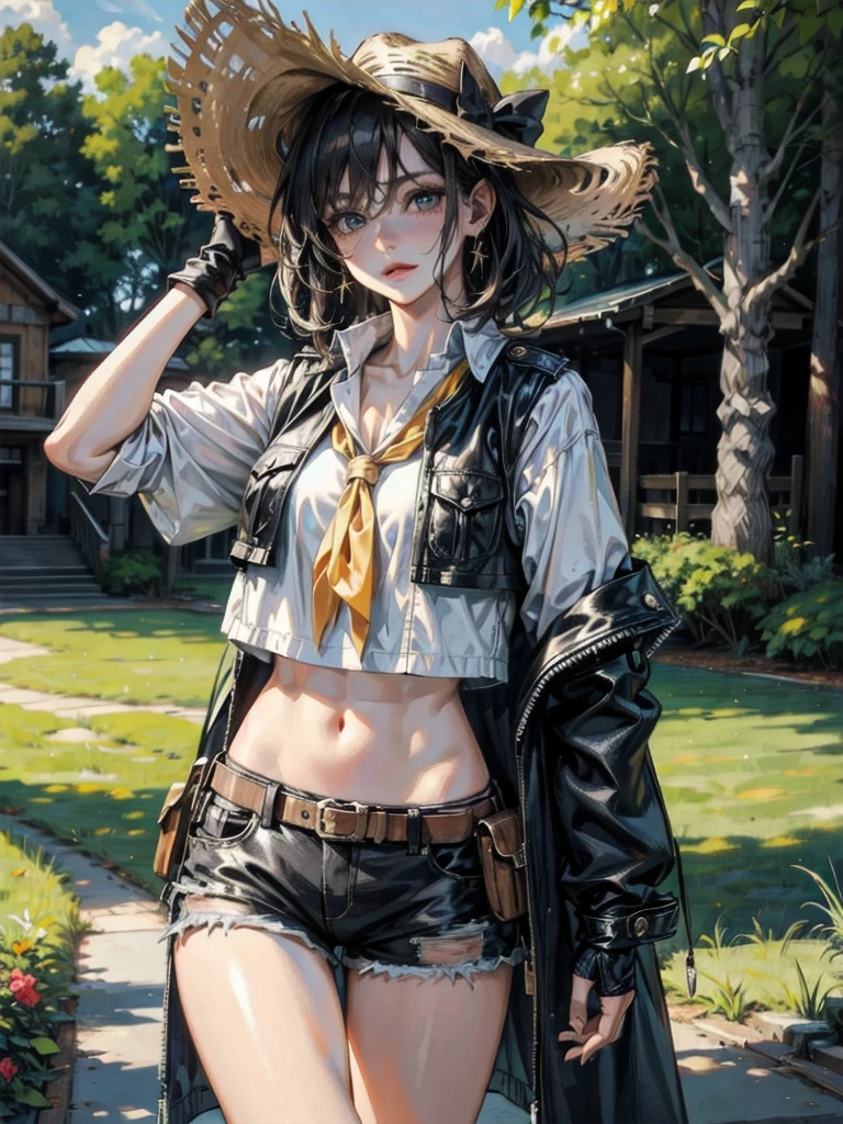 cowgirl costume, vest, cowboy hat, fingerless gloves, midriff, neckerchief, shorts, holster, absurdres, RAW photo, extremely delicate and beautiful, masterpiece, Best Quality, ultra high resolution, 32k, hyperrealistic, ultra-detailed, detailed description, pale skin, 20 years old, tearful mole, earring, short medium hair, wavy hair, whole body shot,