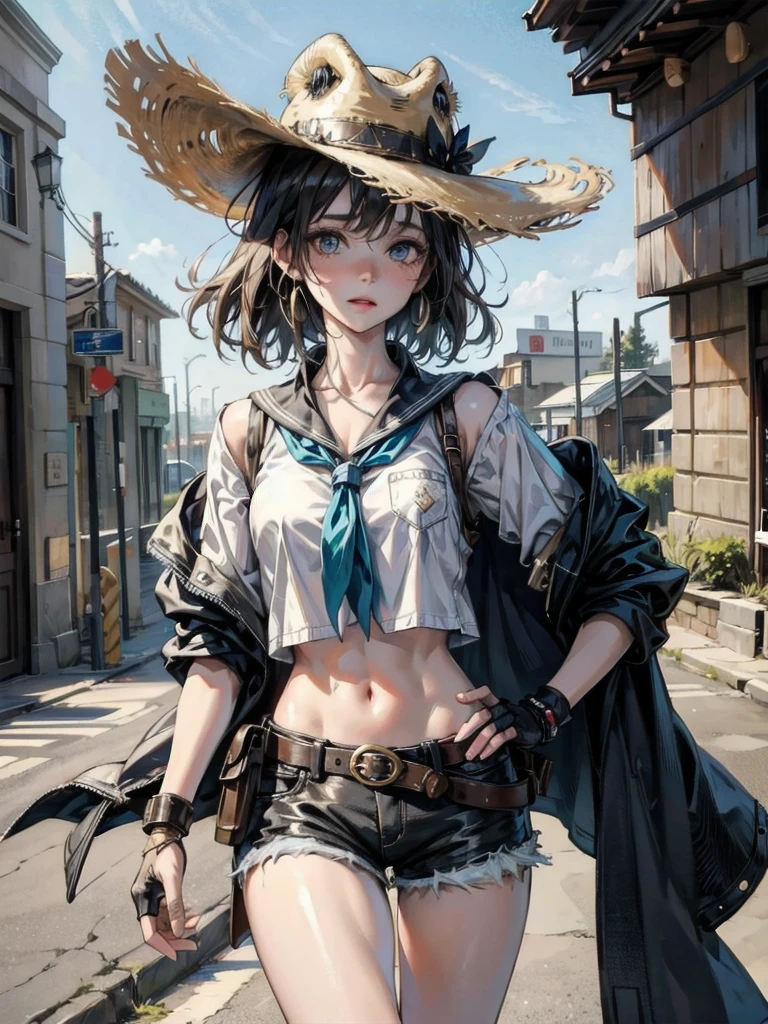 cowgirl costume, vest, cowboy hat, fingerless gloves, midriff, neckerchief, shorts, holster, absurdres, RAW photo, extremely delicate and beautiful, masterpiece, Best Quality, ultra high resolution, 32k, hyperrealistic, ultra-detailed, detailed description, pale skin, 20 years old, tearful mole, earring, short medium hair, wavy hair, whole body shot,