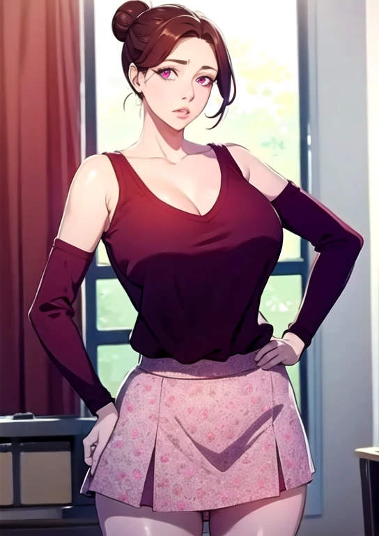 masterpiece:1.5, highest quality:1.5, beautiful, One girl, Side Lock, Cinema Lighting, Sharp focus,large chest , Mature Woman, ,16k, Glowing Eyes, Detailed 4K Eyes,
playground,lure,Sexy lips, Lips parted,Detailed lips, Detailed Background,((Big purple eyes)), Detailed face,Shiny skin,
Aunt Junev3,Aunt June,,Hair Bun, bangs, Messy Hair,
Pink Skirt, alone, Brown Hair, chest, No sleeve, View Viewer, large chest, Brown eyes, Holding, Floral Skirt, Exposing shoulders, indoor,Red sweater, short hair, I tucked in my sweater.,Hands on hips,