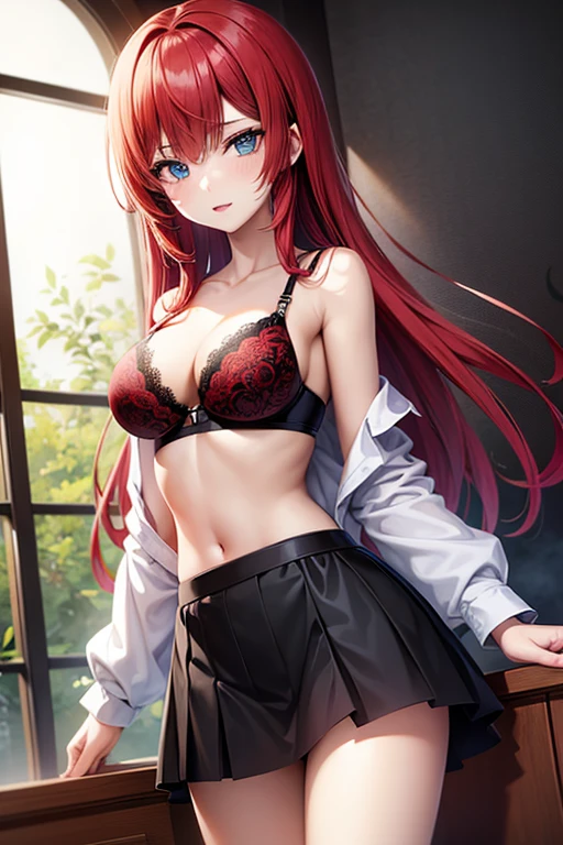 anime girl with red hair and blue eyes wearing a skirt and an open shirt revealing a black and red bra