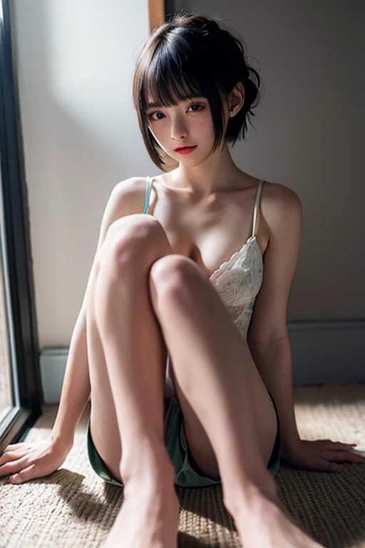 (((1girl))), (petite:1.3), solo, hard features, (more_details:1.5), barefoot, perfect fingers, extremely detailed finger, green hair, bob cut, braided bangs, one side up, earrings, Beautiful detailed rubin eyes, (slim body), ((large_cup d_breasts)), ((petite)), (luminous), (pajamas), ultra-detailed, (background: room, yellow)