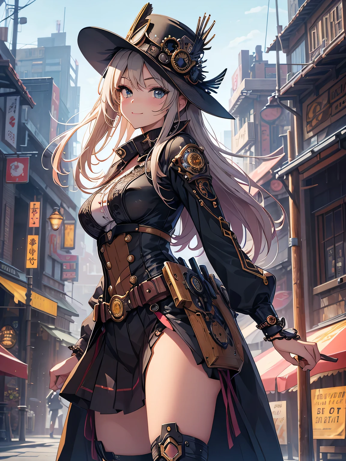 (Line art_anime),(Cowboy Shot,Low Angle, highest quality, ),(Laura Budd Photos:1.2),(Laura Add details:1.0),8k, Flat Color:0.8,1 girl,smile,(Highly decorative and complex mechanical steampunk fashion, Lace flare dolphin hat、goggleachinery background、Gear background、An elaborately mechanized steampunk cityscape 1.5),Cute pose,