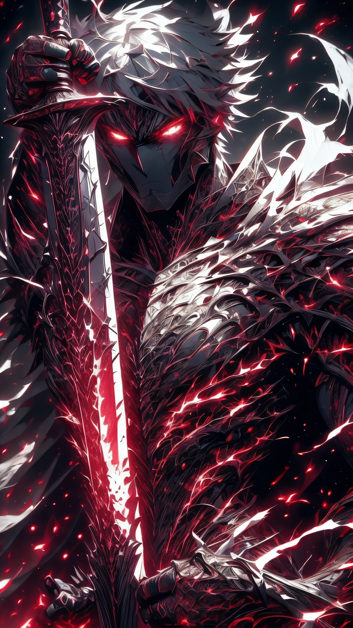 A high resolution, High quality,(Beautiful), ((Masterpiece)),Vibrant colors,1boys, mod \(rampage\), Male focus, Arms, Biceps, Strong muscles,scars in the face, Short black hair, Bandages,The right eye is closed, A strand of white hair,Extremely angry face,(Hylock Knight,Armor, Shoulder armor, Black armor,Black cape,Giant sword, Glowing red eyes), hdr (HighDynamicRange), Maximum clarity and sharpness, Multi-layered textures,ultra - detailed,