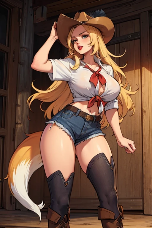 Girl with long blonde hair, hair down, red lips, blonde fox ears and tail, big breasts, wearing a cowboy hat, tied up shirt, jean shorts, cowboy boots