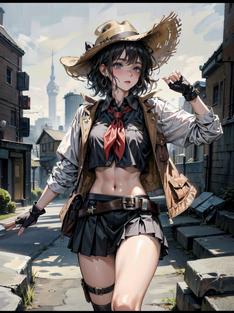 cowgirl costume, vest, cowboy hat, fingerless gloves, midriff, neckerchief, short skirt, holster, absurdres, RAW photo, extremely delicate and beautiful, masterpiece, Best Quality, ultra high resolution, 32k, hyperrealistic, ultra-detailed, detailed description, pale skin, 20 years old, tearful mole, earring, short medium hair, wavy hair, whole body shot,