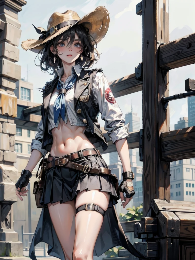 cowgirl costume, vest, cowboy hat, fingerless gloves, midriff, neckerchief, short skirt, holster, absurdres, RAW photo, extremely delicate and beautiful, masterpiece, Best Quality, ultra high resolution, 32k, hyperrealistic, ultra-detailed, detailed description, pale skin, 20 years old, tearful mole, earring, short medium hair, wavy hair, whole body shot,