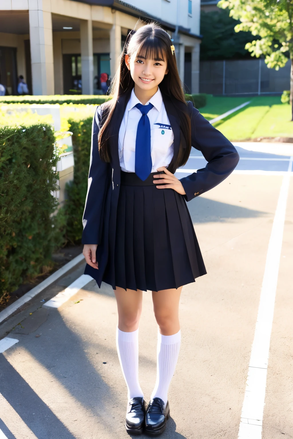 Standing in the schoolyard、Japanese high school girls、Idol、Beautiful、actress、Uniform miling、Full body portrait
