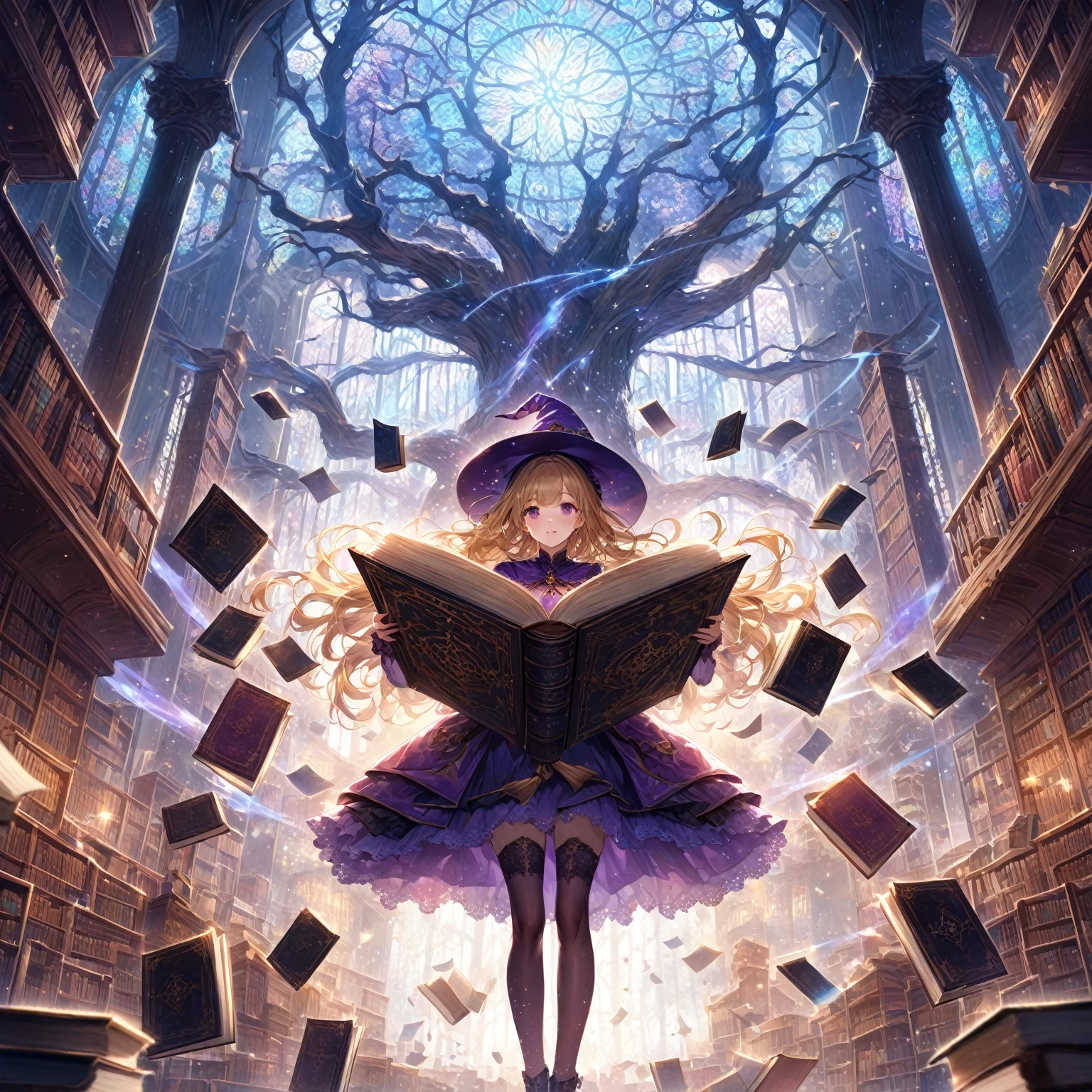 masterpiece, best quality, high resolution, extremely detailed CG, absurdres, 1girl, solo, In a magical space, behind the vertical inlaid glass windows is the huge and ancient Tree of Wisdom, multiple bookcases are floating in the air,  a blonde twinailed girl wearing a witch hat stands in the middle of the room in a purple costume, she opening her hands,  in front of her is a heavy book, the pages of which are turning and glowing with light, and glowing magical words are flying out of it, and the books are floating around her in an orderly manner. The pages are turning and glowing, glowing magical words are flying out of the book, and many books are floating around her in an orderly fashion, (((best hands))), score_9, score_8_up, score_7_up, source_anime