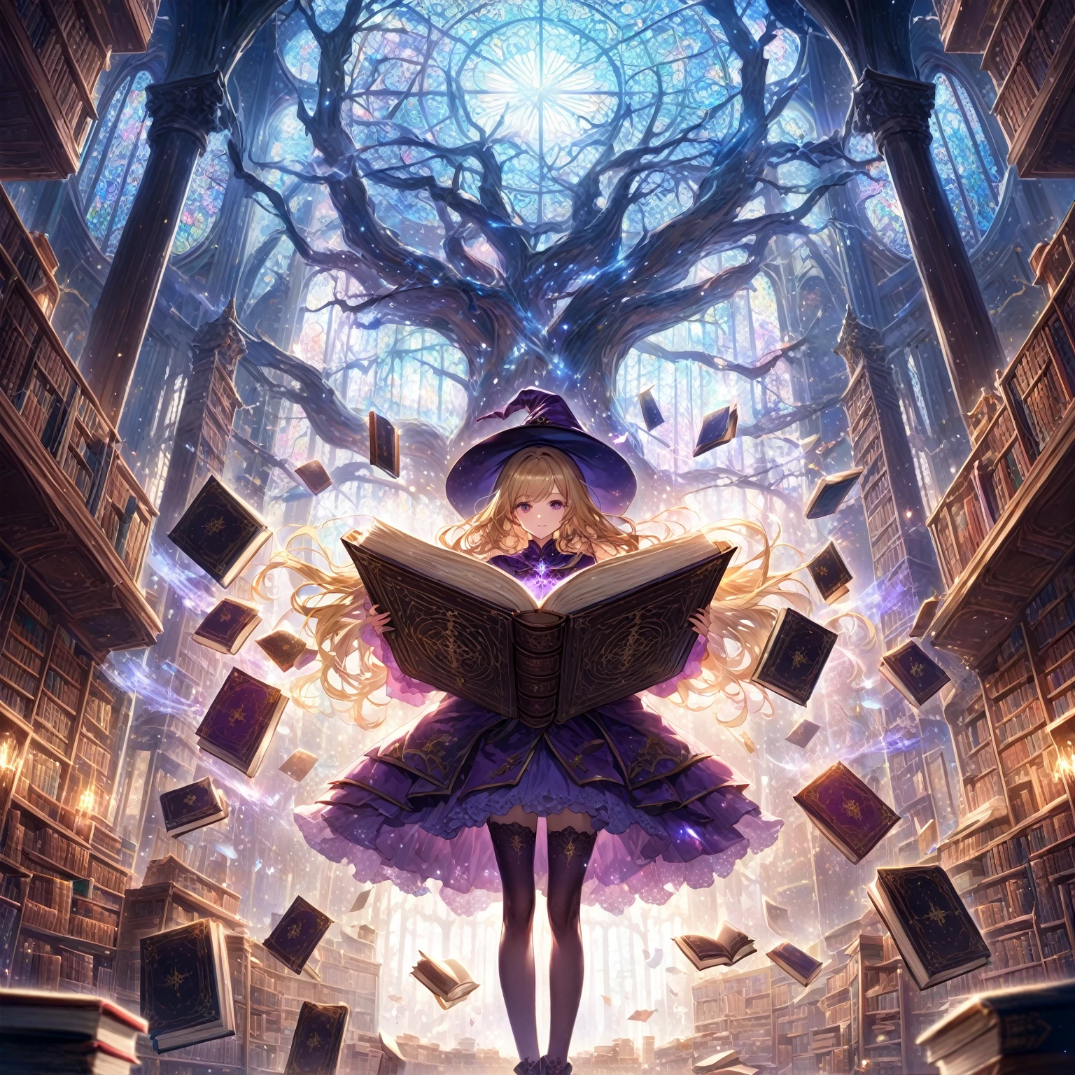 masterpiece, best quality, high resolution, extremely detailed CG, absurdres, 1girl, solo, In a magical space, behind the vertical inlaid glass windows is the huge and ancient Tree of Wisdom, multiple bookcases are floating in the air,  a blonde twinailed girl wearing a witch hat stands in the middle of the room in a purple costume, she opening her hands,  in front of her is a heavy book, the pages of which are turning and glowing with light, and glowing magical words are flying out of it, and the books are floating around her in an orderly manner. The pages are turning and glowing, glowing magical words are flying out of the book, and many books are floating around her in an orderly fashion, (((best hands))), score_9, score_8_up, score_7_up, source_anime