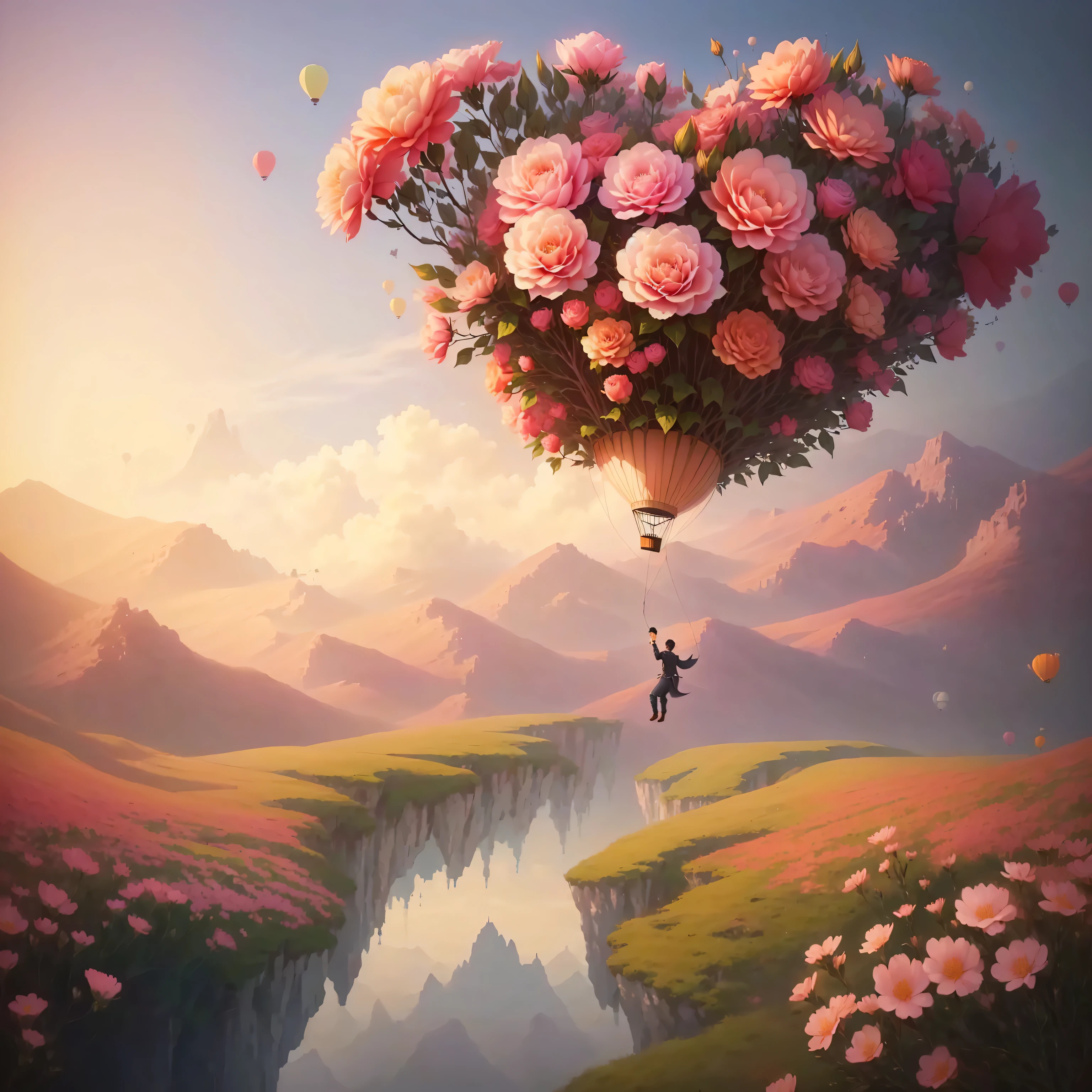 A man flies on a balloon carrying flowers, Whimsical fantasy landscape art, Fantastic Art, beautiful numbers artwork, A beautiful artistic illustration, blurred and Fantasy illustrations, Lovely and detailed digital art, Cute digital painting, Dream scene, very beautiful numbers art, Fantasy illustrations, Cute digital art, Beautiful Numbers, Magical realism style, beautiful numbers art, Beautiful digital illustration