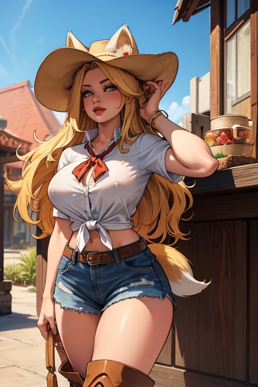 Girl with long blonde hair, hair down, red lips, blonde fox ears and tail, big breasts, wearing a cowboy hat, tied up shirt, jean shorts, cowboy boots