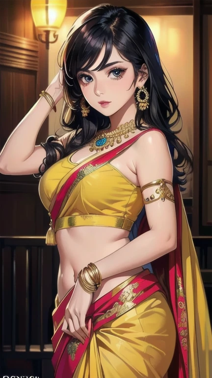(Comic illustration)Renowned actress at the age of 28 wearing a provocative yellow silk saree with intricate patterns, braless, tassel earrings, long hair , saggy breasts ,face makeup, beautiful, alluring,long kundan jhumka earrings , necklace,white skin