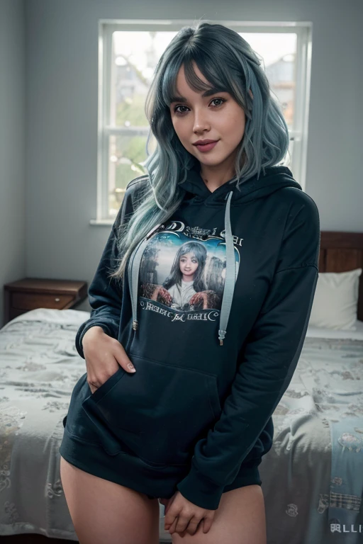 (8k, best quality, masterpiece:1.2), (realistic, photo-realistic:1.37), ultra-detailed, 1 girl,cute, solo, ,beautiful detailed eyes, medium wavy hair, hoodie, thick thighs, in bedroom, smiling, looking at viewer, , light blue hair, black lips, black lipstick, full body view, standing, whole body shot,