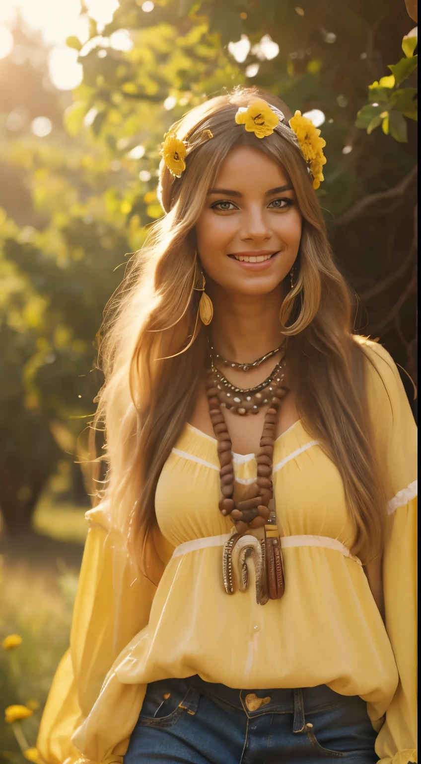 Hyper-realistic photo of woman dressed in yellow peasant blouse combined with bell-bottom jeans and fringed accessories. She wears a headband or a flower crown on her long, cabelo solto. The setting is a bohemian-inspired outdoor music festival or a tranquil nature setting, capturing the free-spirited, laid-back vibe of the era 60Retro69Punch75, , linda mulher, Magrelo, grandes seios grandes, cabelo preto longo, rosto detalhado, sorriso, facing the camera, photo taken from a distance, idade de 25 anos