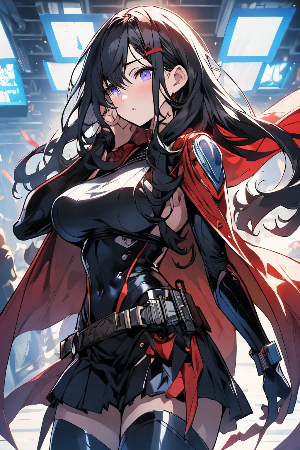 beautiful, alone, 1 chubby woman, long hair, black hair, blue streaks at the ends of her hair, purple eyes (detailed eyes), determined look, embarrassed expression, red lips (perfect lips) big breasts, wide hips, black leather bodysuit , pleated skirt, red cape, futuristic, cyberpunk, cinematic angle, cinematic lighting, artwork, best quality, nsfw, crotch rubbing
