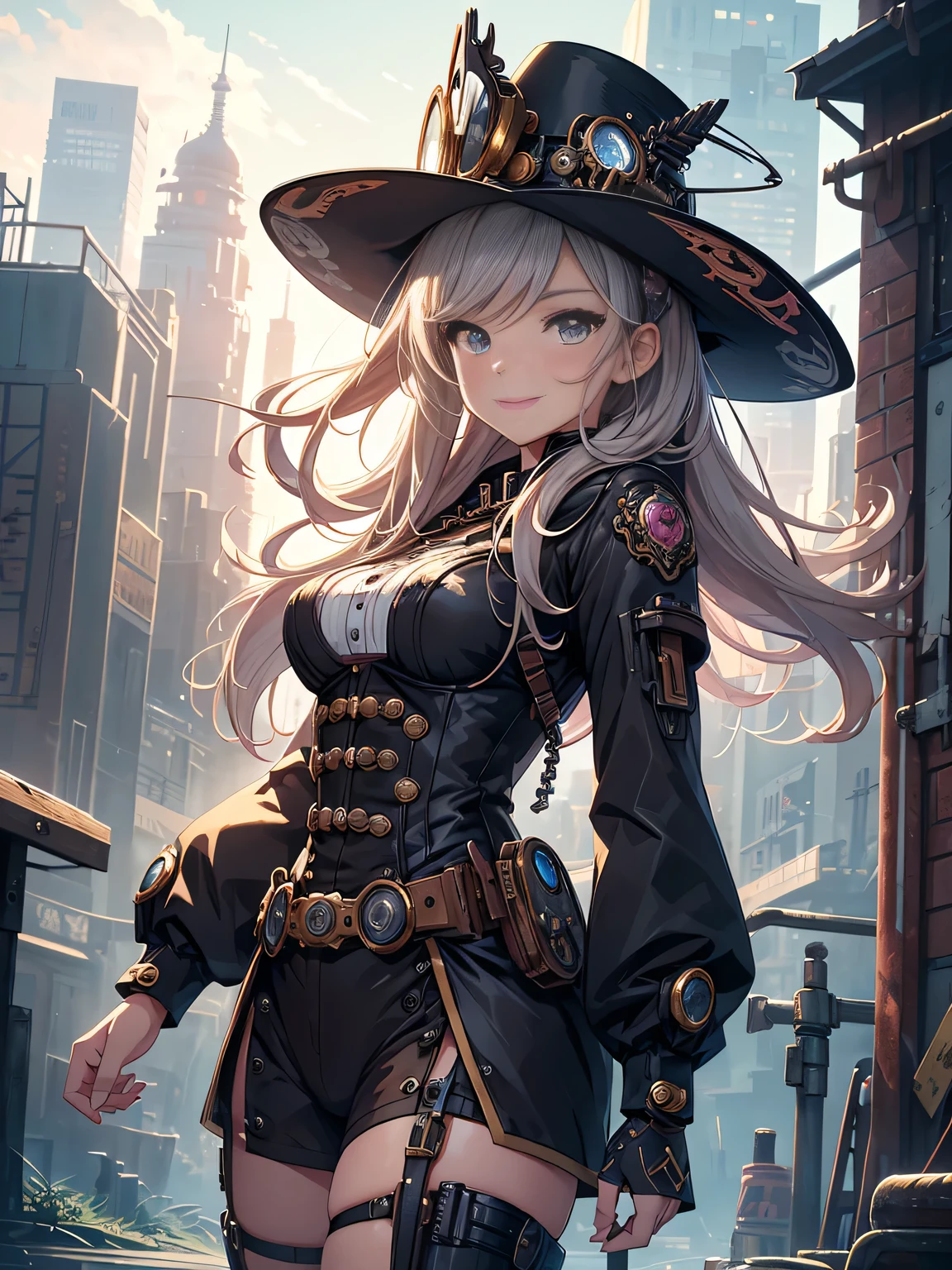 (Line art_anime),(Cowboy Shot,Low Angle, highest quality, ),(Laura Budd Photos:1.2),(Laura Add details:1.0),8k, Flat Color:0.8,1 girl,smile,(Highly decorative and complex mechanical steampunk fashion, Lace flare dolphin hat、goggleachinery background、Gear background、An elaborately mechanized steampunk cityscape 1.5),Cute pose,