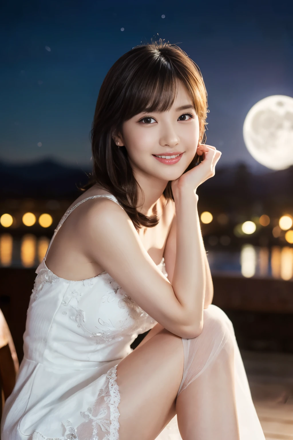 ((Tabletop:1.4, highest quality)), (Realistic photos:1.4),
((1 girl)), (Pure actress), (dream-like),
(超High resolution:1.2), Very delicate and beautiful, wonderful, Very detailedな CG Unity 8k 壁紙, Very detailed, High resolution,
Soft Light, Beautiful detailed girl, Very detailedな目と顔, Beautiful and detailed nose, Beautiful and detailed,
(Wear a thin white dress:1.3),
Cinema Lighting, Perfect Anatomy, Slender body, (Parted bangs),
(Sitting on a large crescent moon:1.3), (Night view),
Cowboy Shot, Looking at the audience, smile