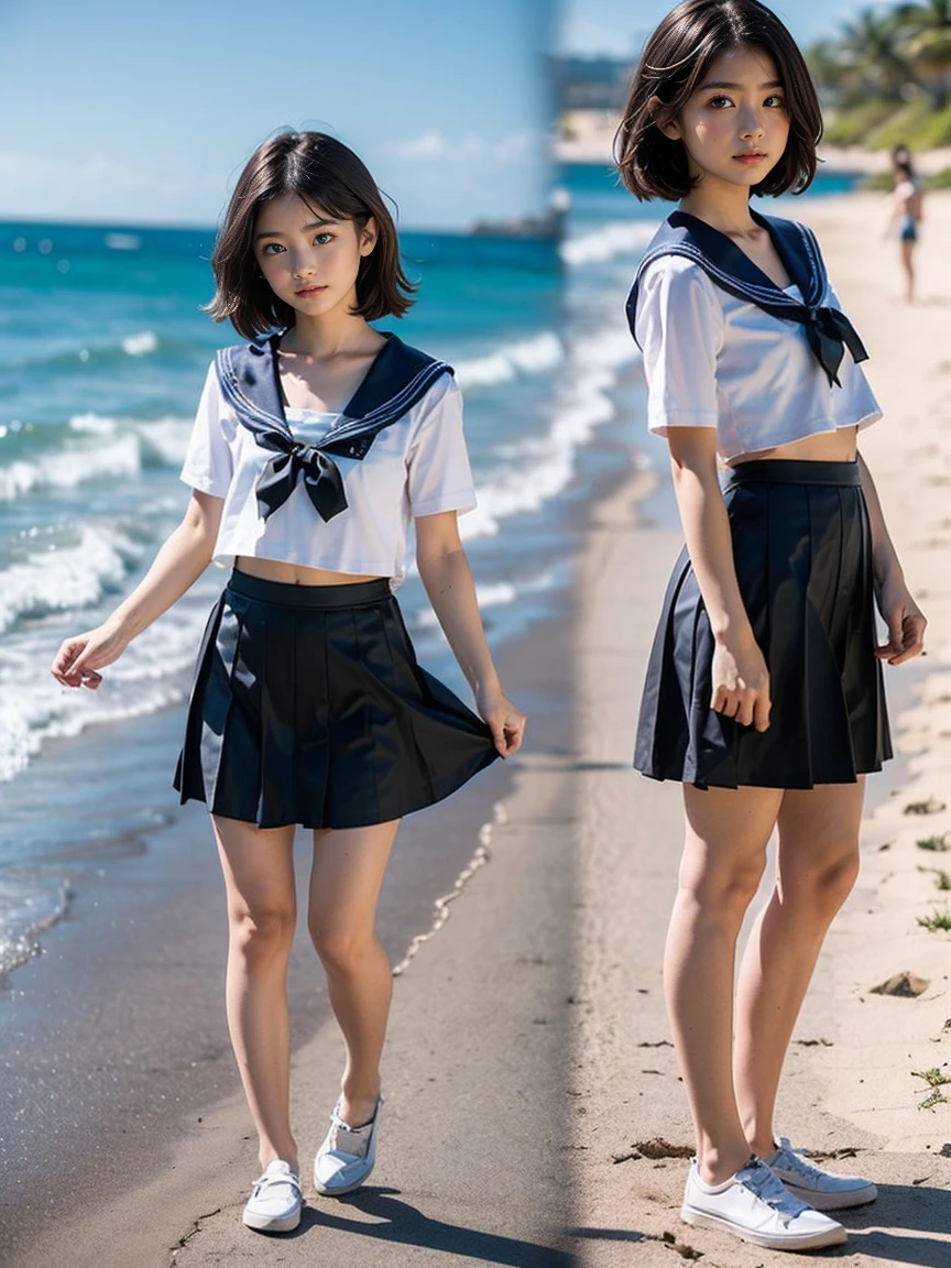 lens: 135mm f1.8, (highest quality),(RAW Photos), White background、standing:1.1),14 years old、short hair, (Beautiful woman), Cute Face, (Deeply chiseled face:1.4), (freckles:0.4), dappled sunlight, Dramatic lighting, (beach), (White cloud), shy, (Full body portrait:1.2), (expressionless),, (Sparkling eyes)、(sunlight)、(Fleet Collection、Kantai Collection、Yao、Sailor suit、belly button、Red short plate skirt)、( ),(Gaunt, Skinny, flat chest,)(((Gaunt, Skinny, flat chest, ,))),((from side, multiple views,))