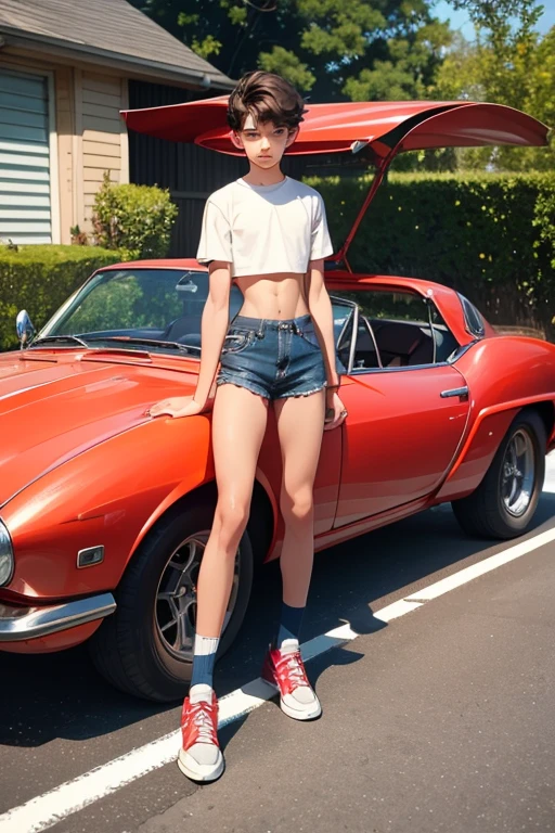 , boy wears a crop top and too very short shorts, vintage sport car,